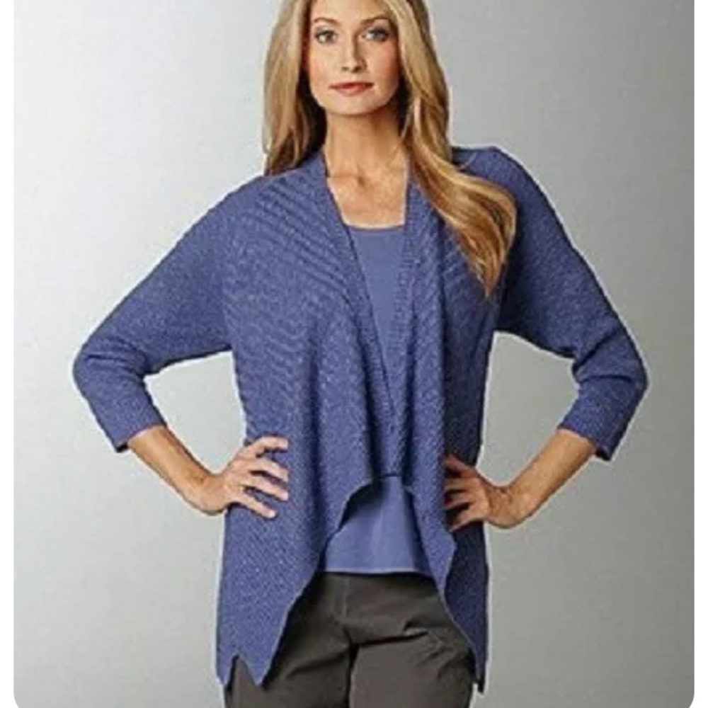 EILEEN Fisher purple linen/cotton slub stitch boxy open drape cardigan